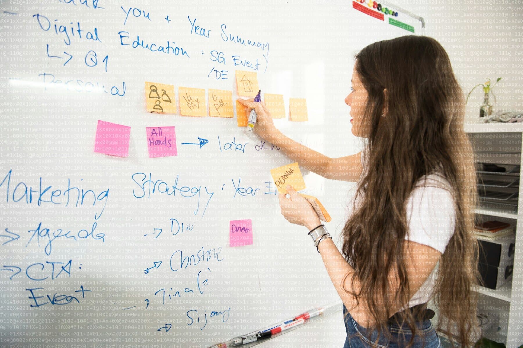 Mujer escribiendo una estrategia con notas adhesivas en una pizarra