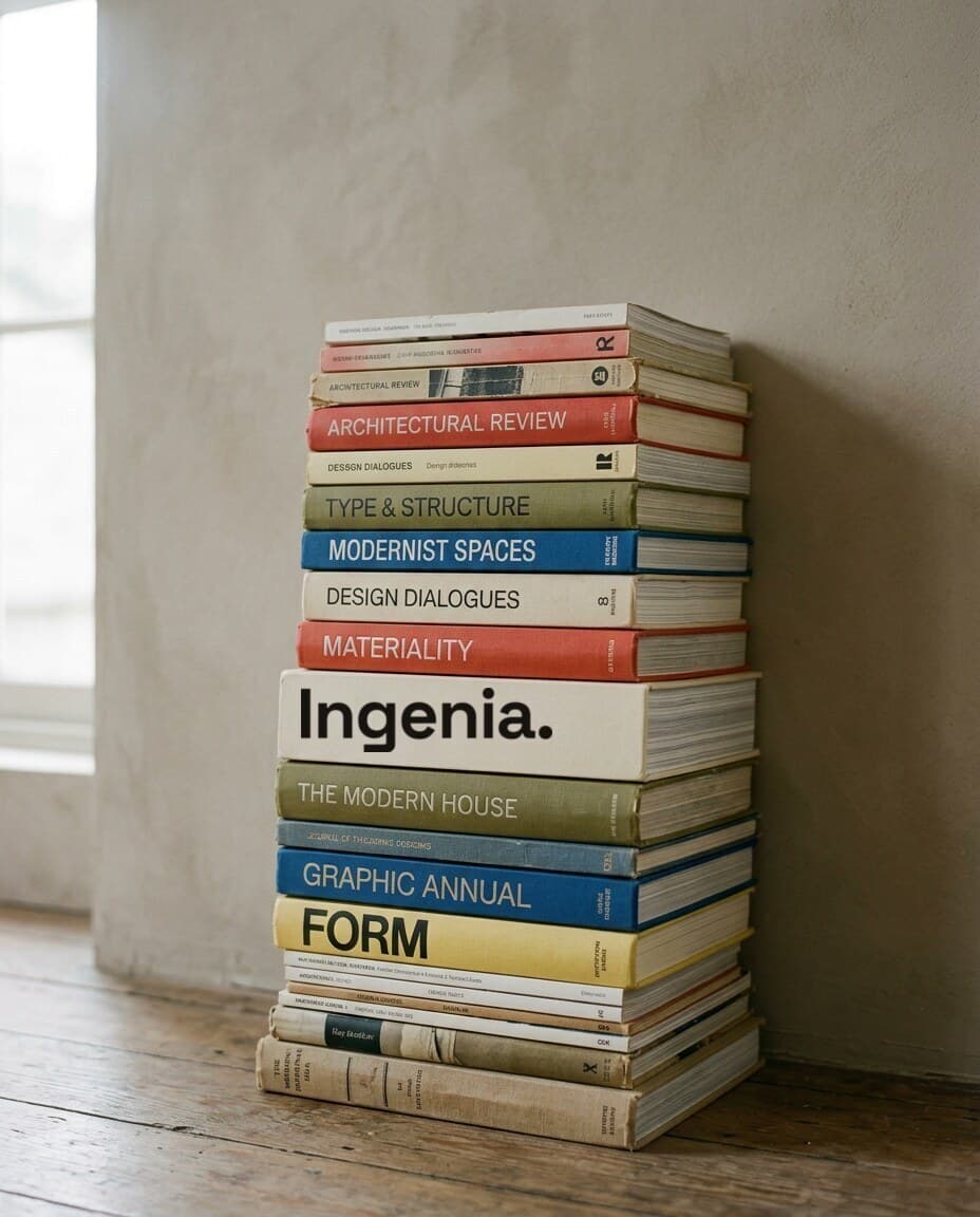 Pila de libros de diseño con un lomo que dice Ingenia.