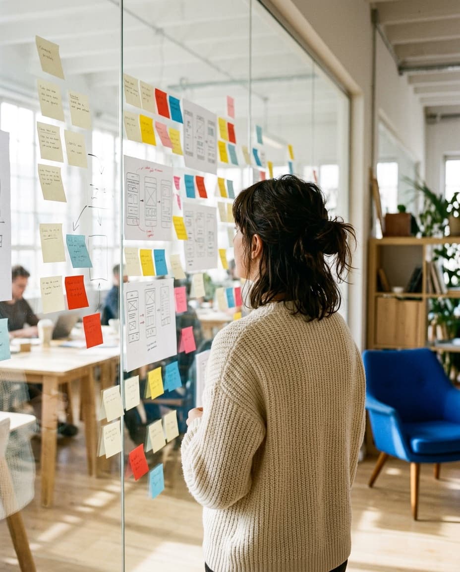 Persona de espaldas frente a una pared de cristal llena de notas adhesivas y wireframes
