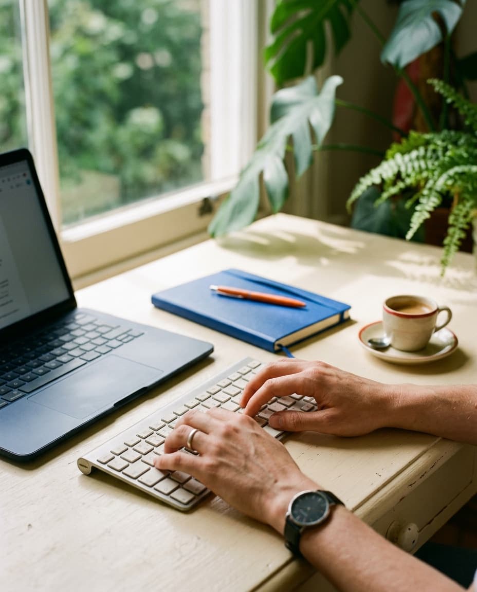 Manos escribiendo en un teclado junto a un portátil, una libreta azul y un café, con luz de ventana