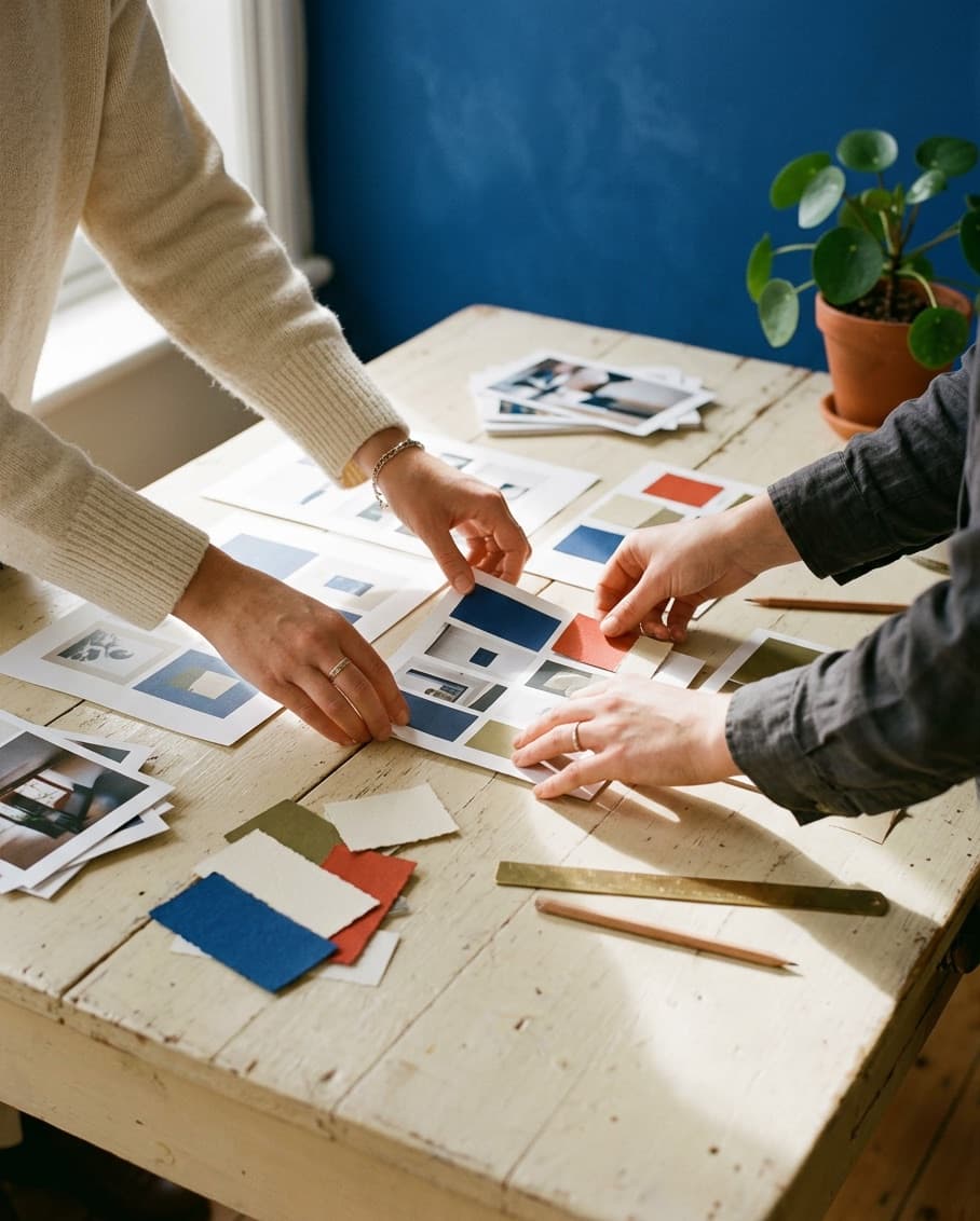 Dos personas colocando maquetas impresas y muestras de color sobre una mesa de madera crema