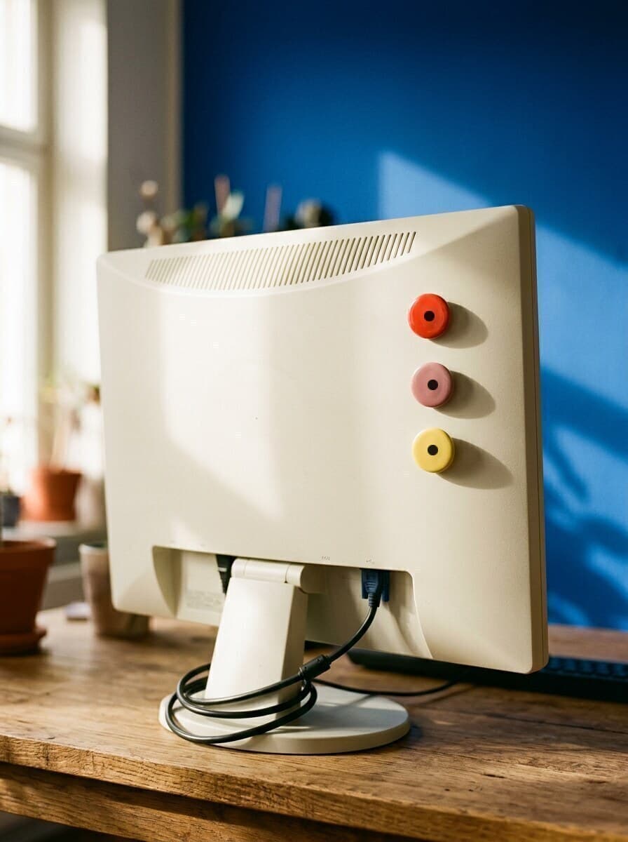 Parte trasera de un monitor crema con tres imanes redondos con el punto de la marca sobre una pared azul cobalto