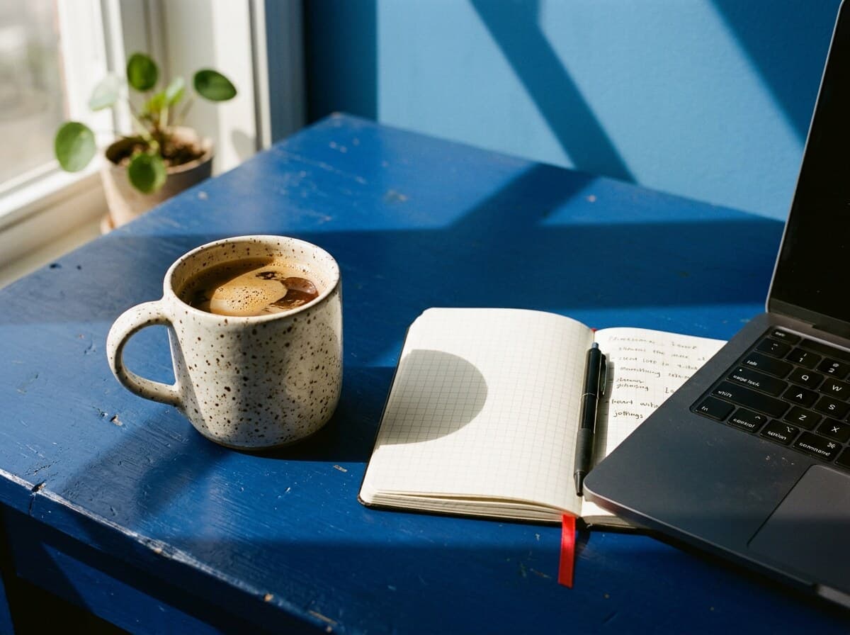 Taza de café y libreta abierta junto a un portátil sobre una mesa azul