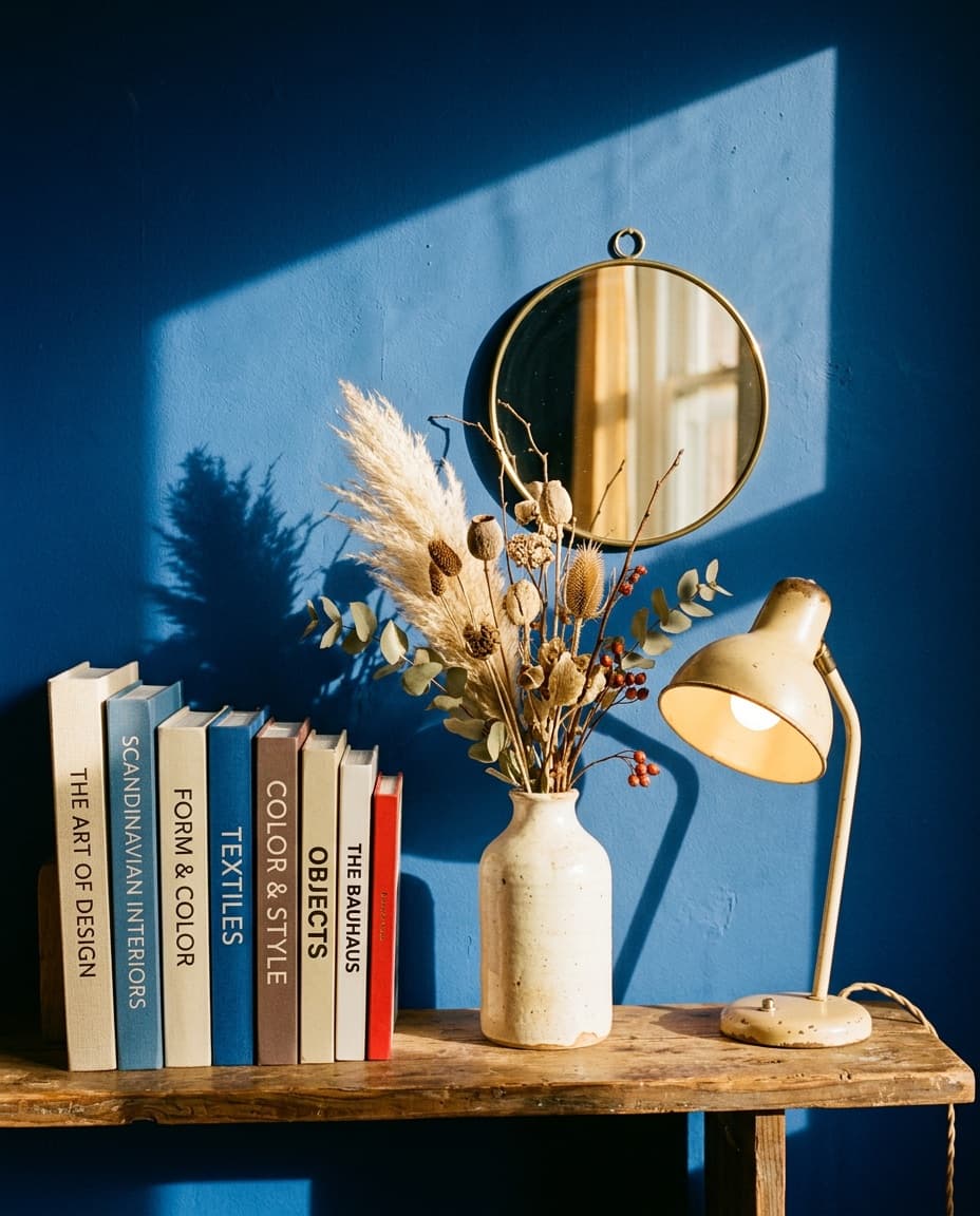 Estantería con libros de diseño, un jarrón de flores secas y una lámpara crema contra una pared azul cobalto