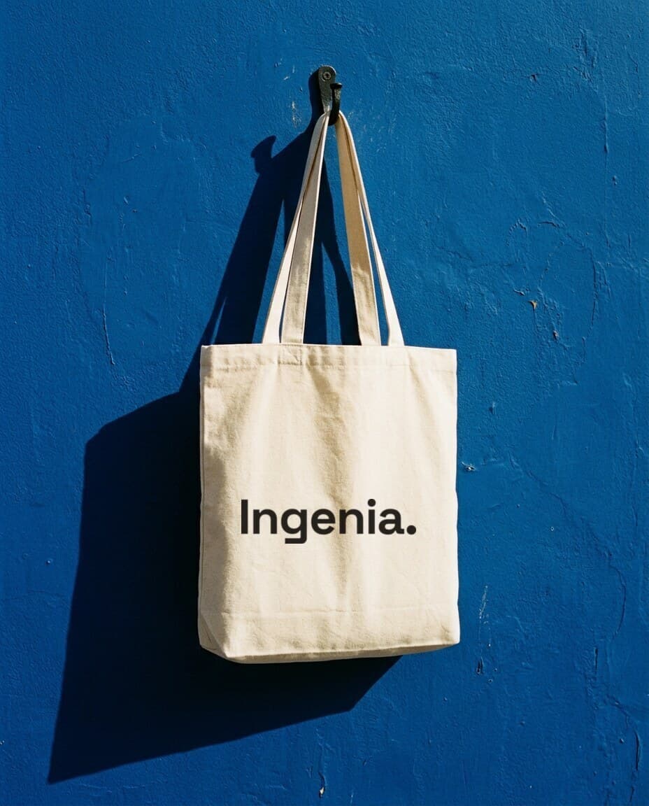 Bolsa de tela crema con el wordmark Ingenia. colgada de una pared azul cobalto