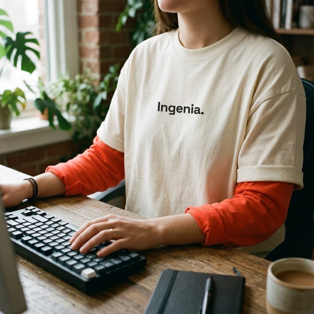 Persona con camiseta crema con el wordmark Ingenia. trabajando con un teclado, sin mostrar el rostro