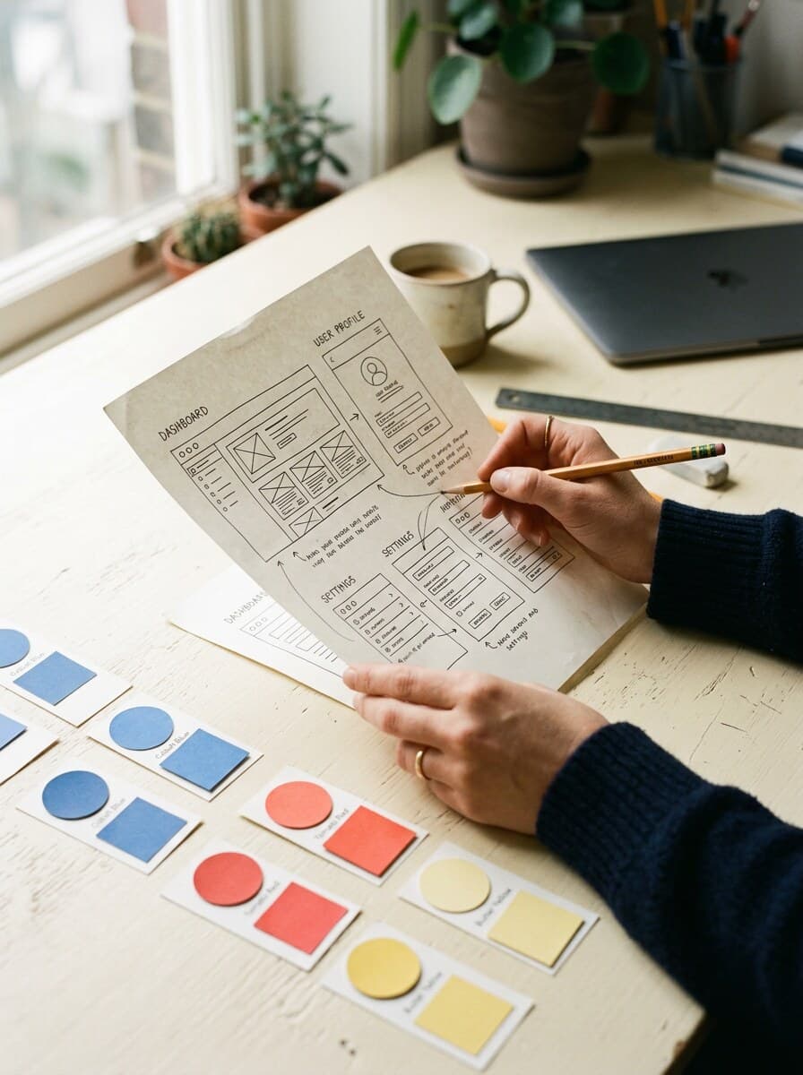 Mano dibujando wireframes de una app sobre una mesa con muestras de color