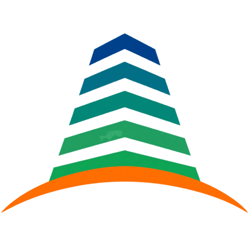 Icono de Caamaño Inmuebles: una torre de cinco franjas que pasan del azul al verde sobre un arco naranja