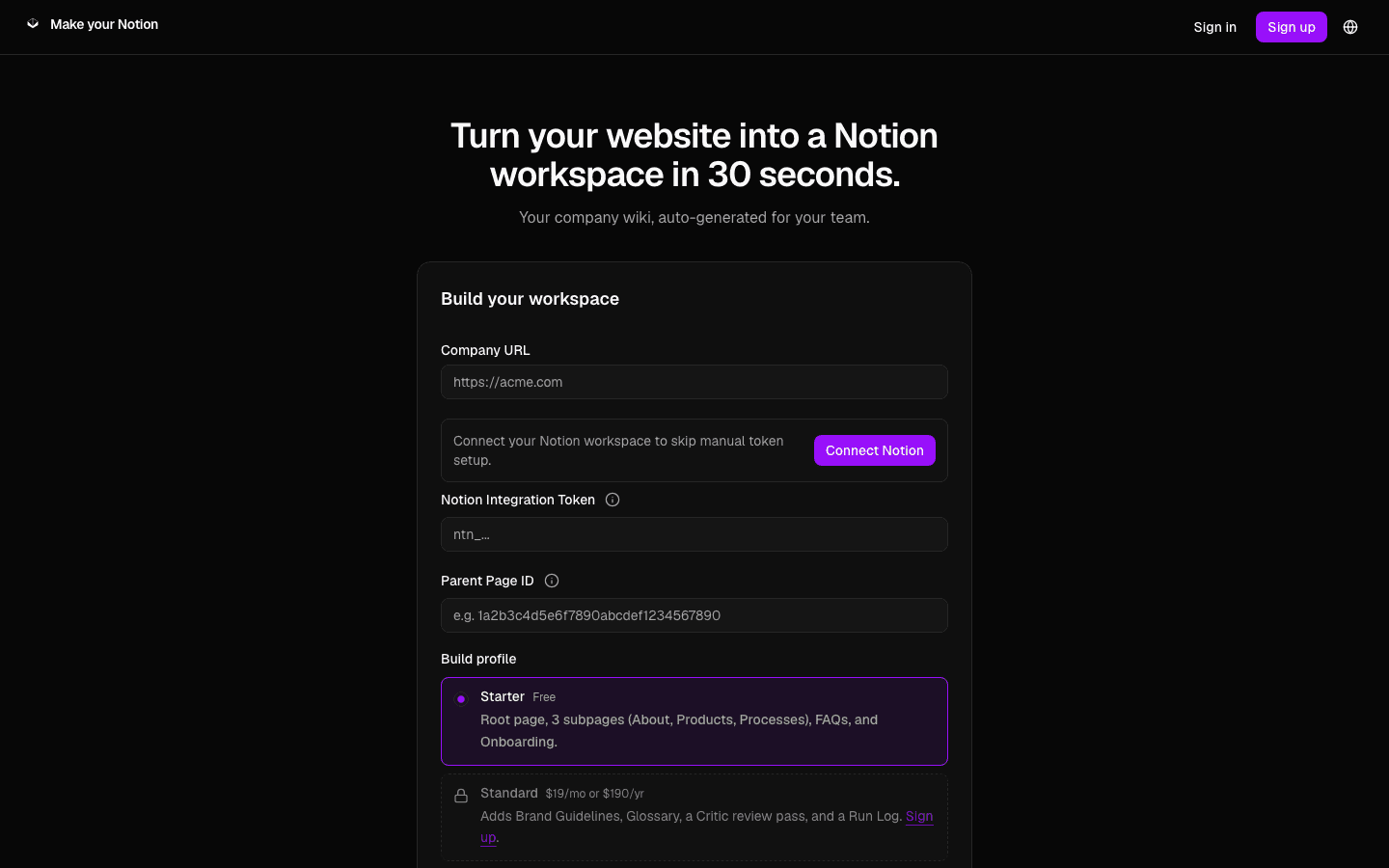 MakeYourNotion — página principal